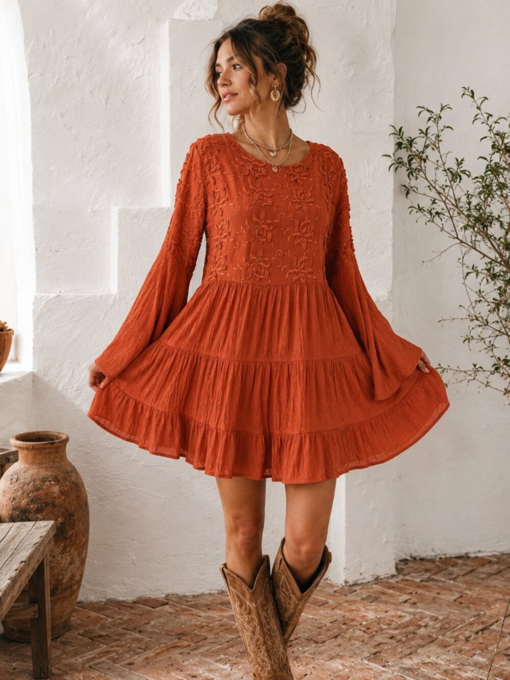 GiGiO Boho Embroidered Tiered Babydoll Mini Dress Rust M